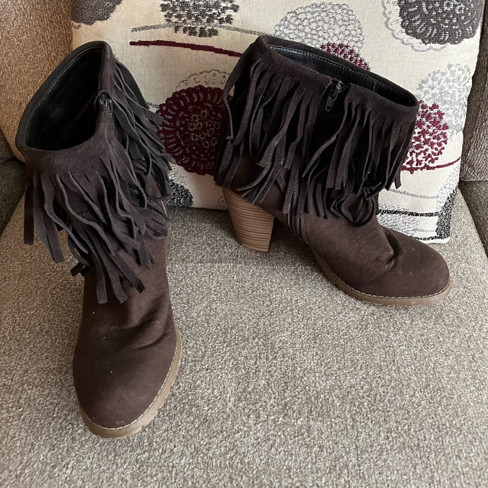 Kenzie Girl Kg-Ranella Dark Brown Suede Fringe Ankle Boots Size 9.5B